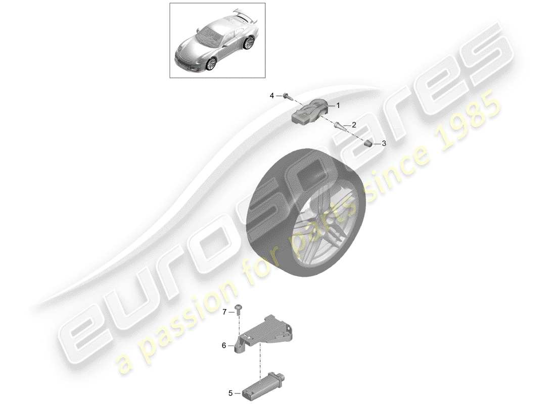 porsche 2015 (991-1 r/gt3/rs) schema delle parti del sistema di controllo della pressione dei pneumatici