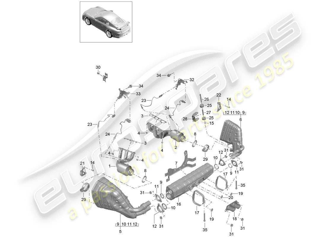 porsche 2014 (991-1 r/gt3/rs) impianto di scarico diagramma delle parti