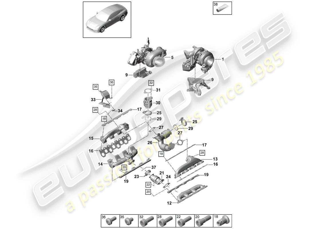 porsche 2018 (panamera 971-1) turbocompressore gas di scarico diagramma delle parti
