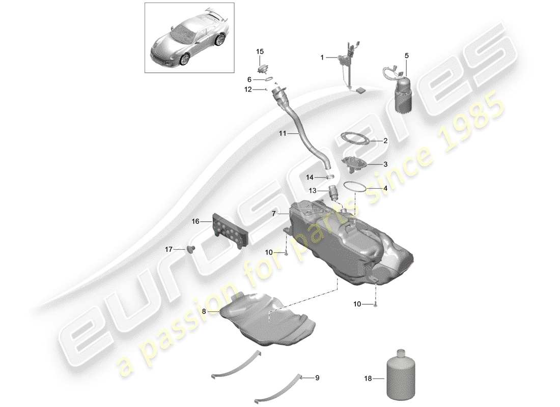 porsche 991r/gt3/rs (2020) diagramma delle parti del serbatoio del carburante