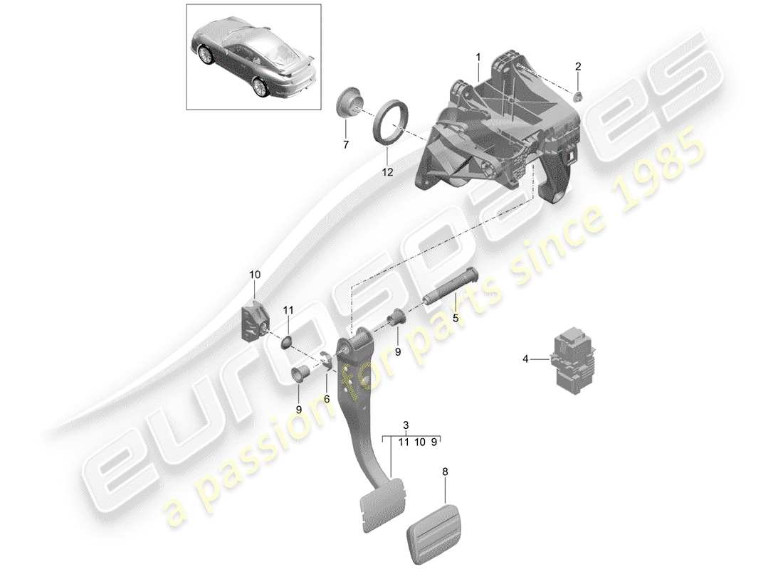 porsche 991r/gt3/rs (2014) freno e acc. montaggio del pedale diagramma delle parti
