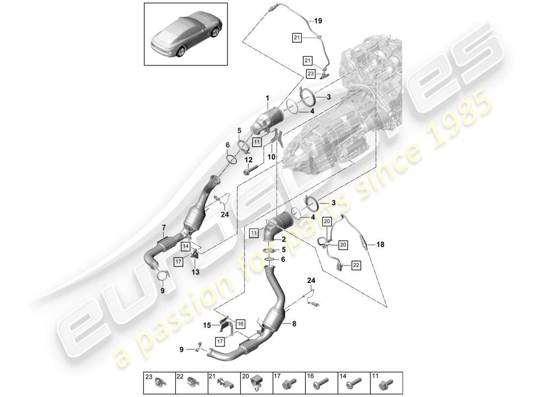porsche panamera 971 (2019) diagramma delle parti del sistema di scarico