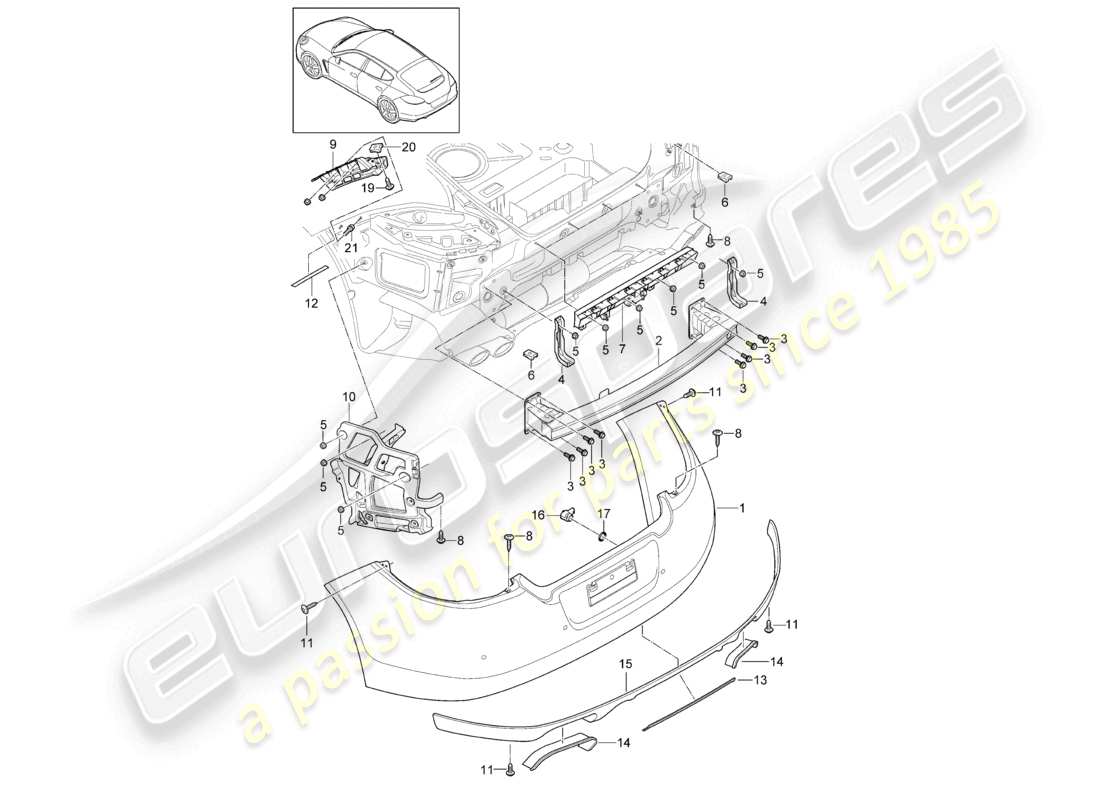 porsche 2012 (panamera 970) paraurti posteriore d >>- mj 2013 diagramma delle parti