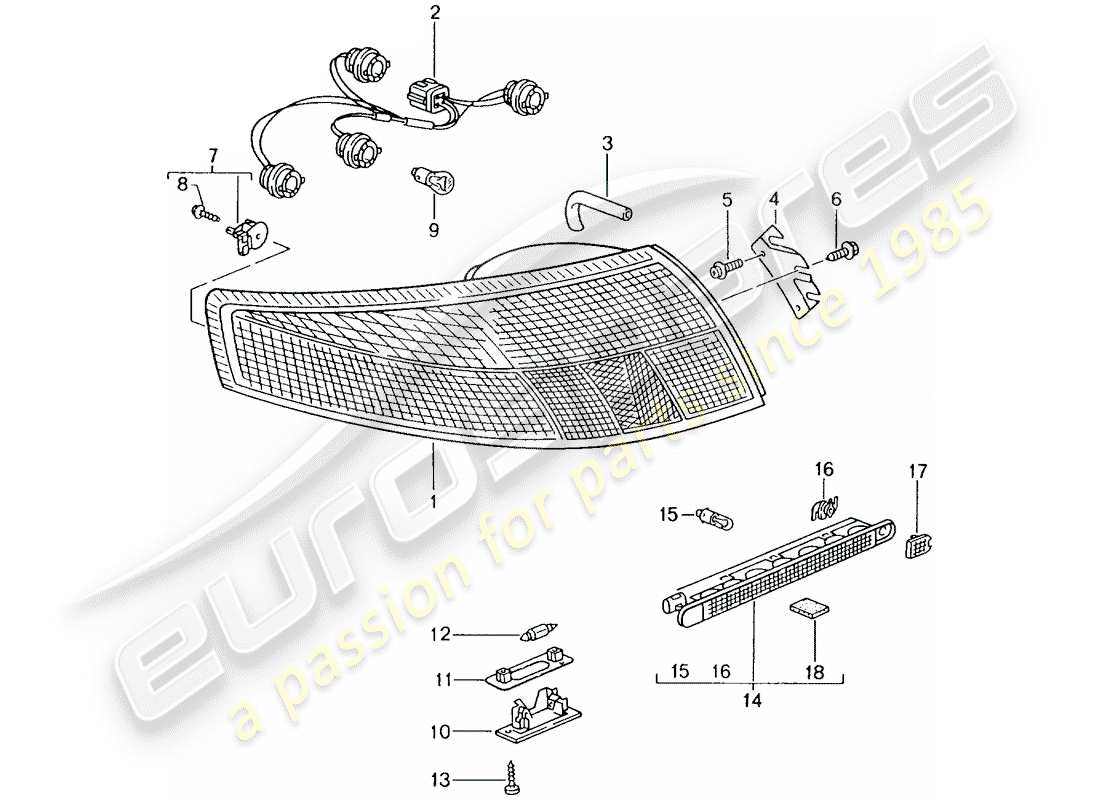 porsche 2001 (996 gt3) luce posteriore - luce targa - luce stop supplementare schema parte