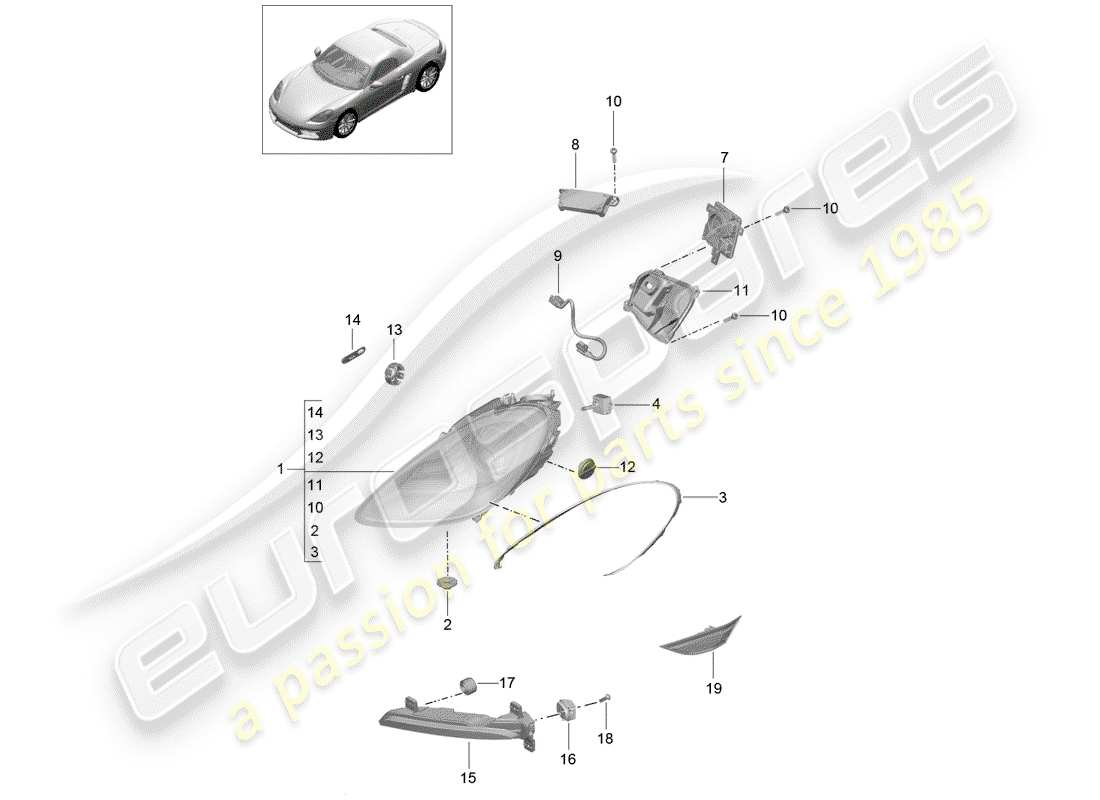 porsche 2019 (718 boxster) faro diagramma delle parti