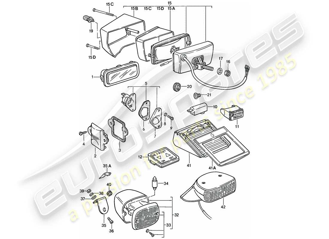 porsche 1986 (911) luce interna - fendinebbia - fari diagramma delle parti