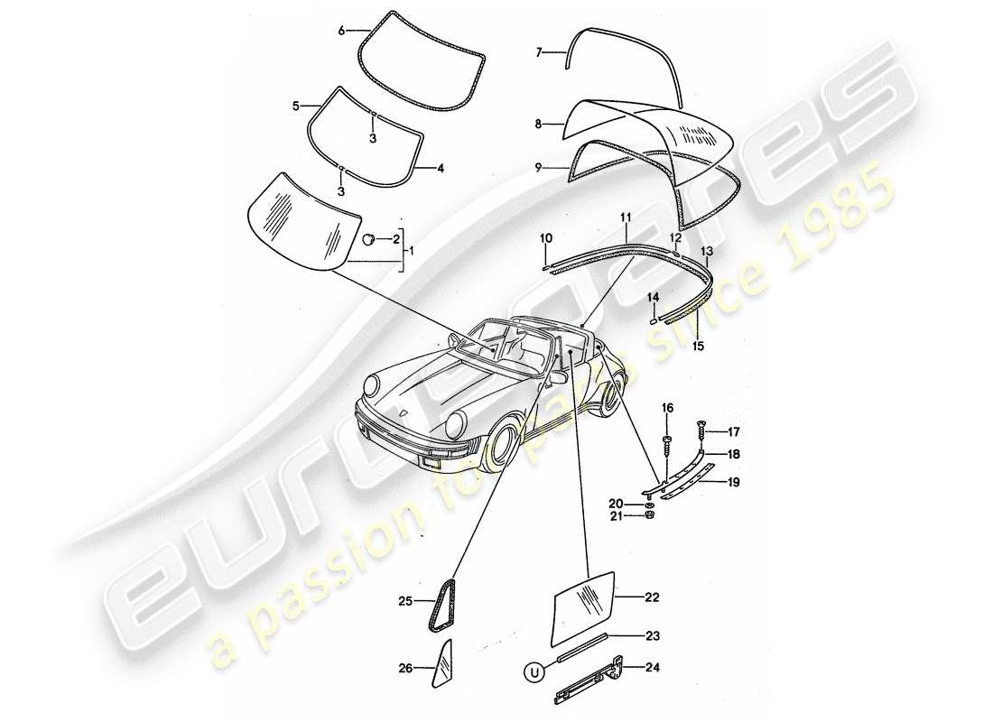 porsche 1987 (911) vetri della finestra diagramma delle parti