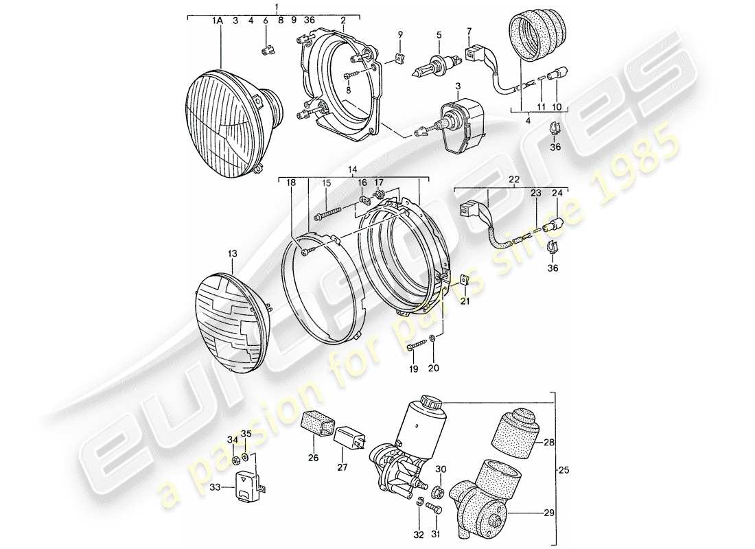 porsche 1990 (944) lampada anteriore - motore elettrico - faro pop-up schema delle parti