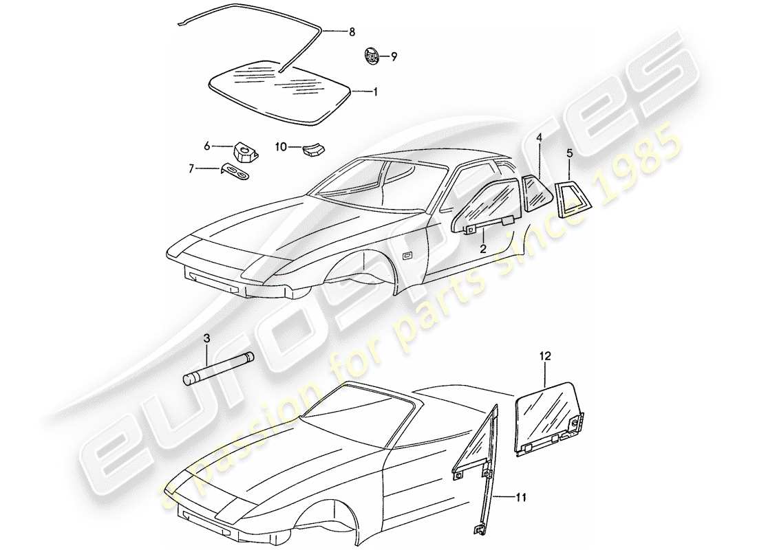porsche 1990 (944) vetri della finestra schema delle parti