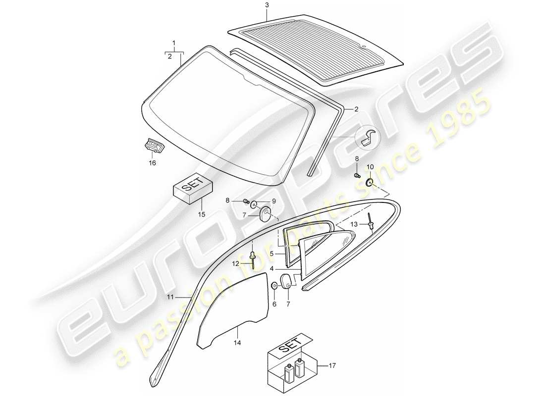 porsche 2009 997-2 turbo / gt2 vetri della finestra schema delle parti