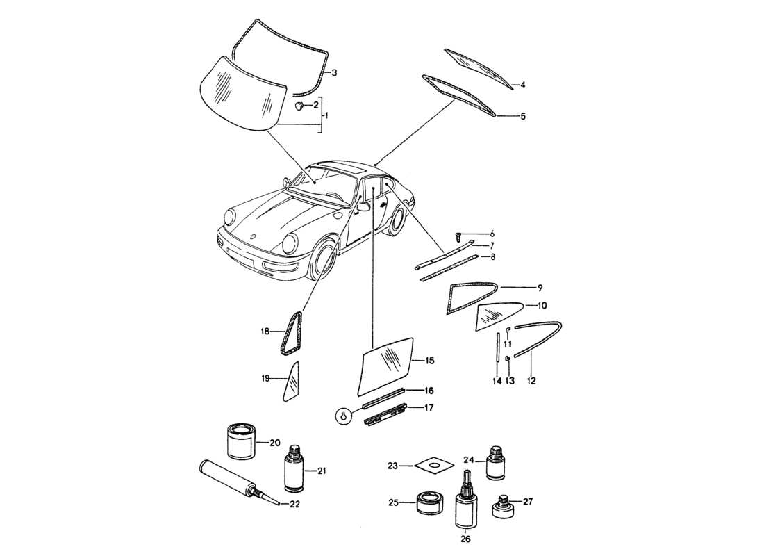 porsche 1994 (964) vetri della finestra diagramma delle parti