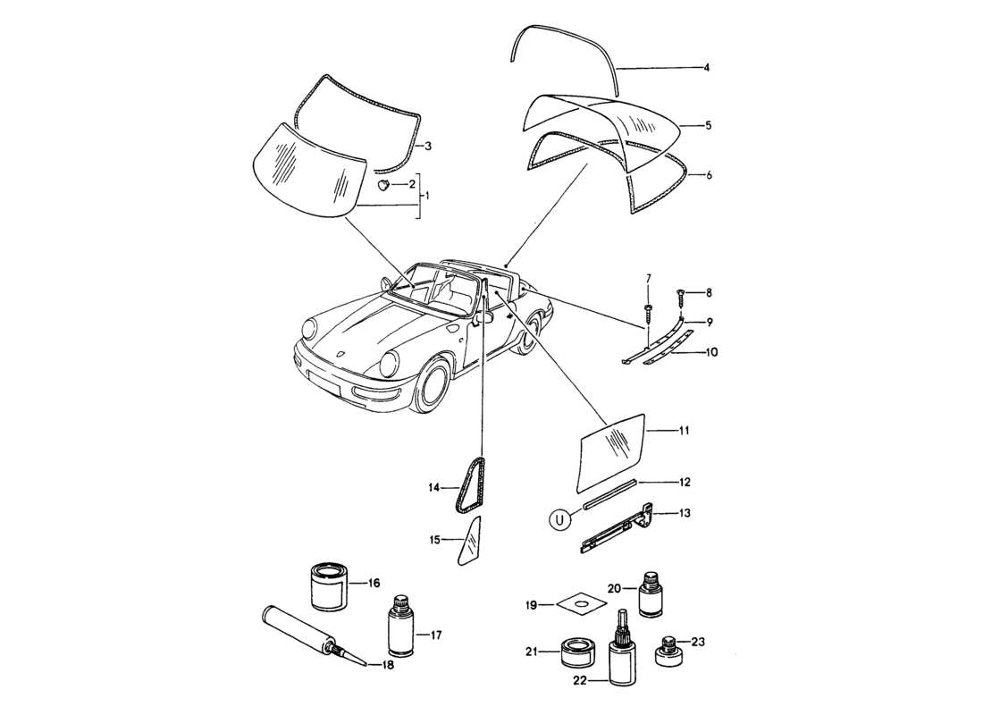 porsche 1994 (964) vetri della finestra diagramma delle parti