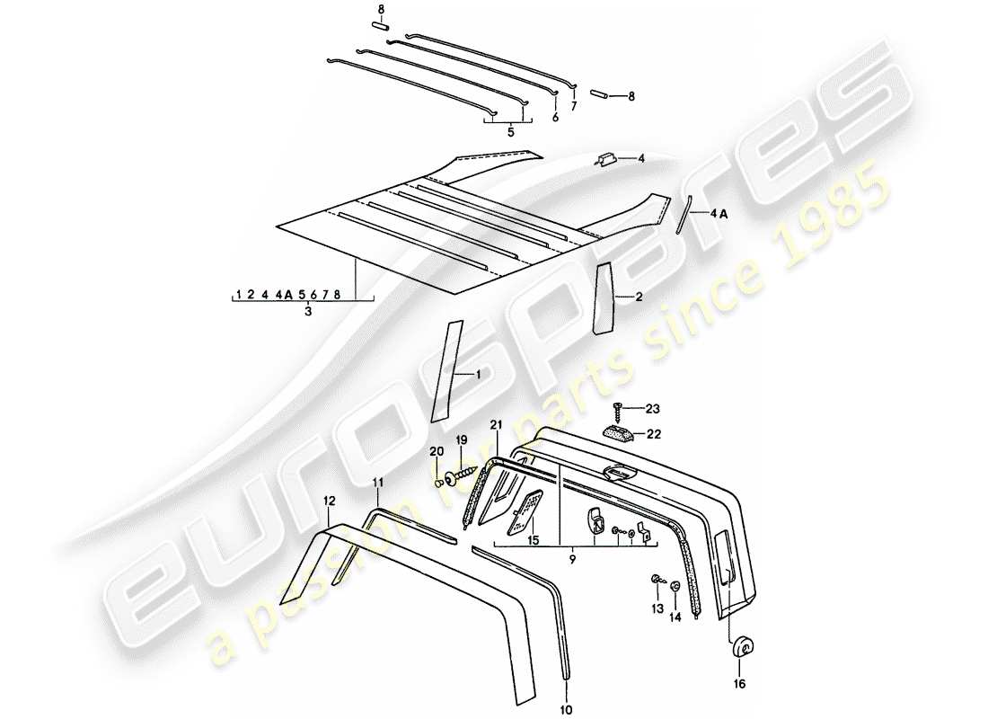 porsche 1985 (911) allestimento interno - tetto - roll bar diagramma delle parti