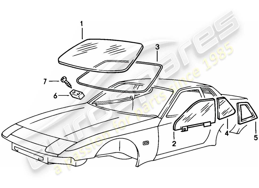 porsche 1982 (944) vetri della finestra diagramma delle parti