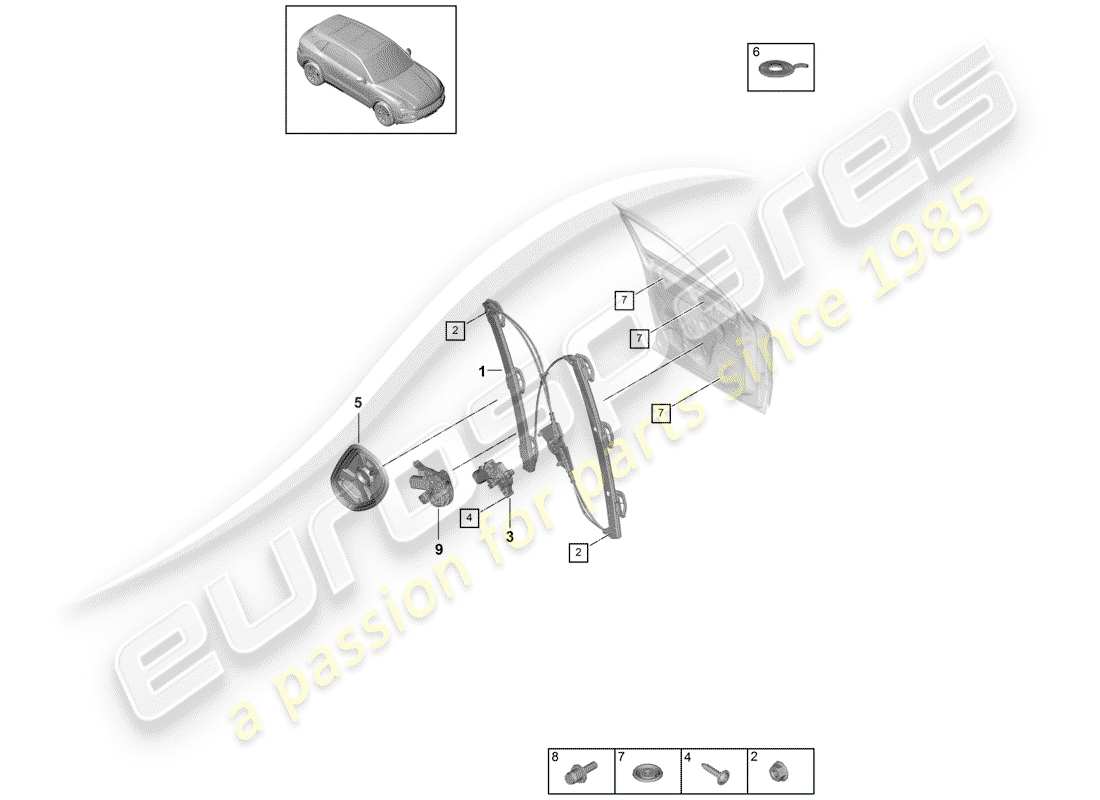 porsche 2020 (cayenne e3 9ya/9yb) regolatore della finestra diagramma delle parti