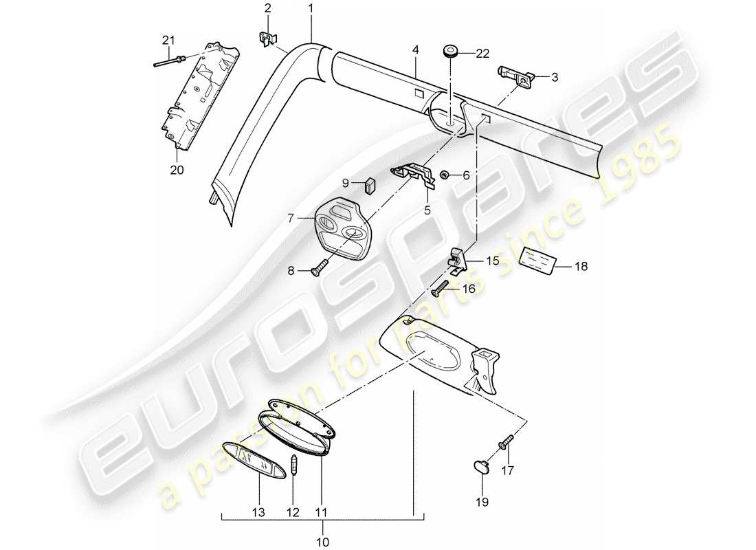 porsche 2003 (996) telaio parabrezza - telaio parabrezza - visiere parasole - visiere parasole diagramma delle parti