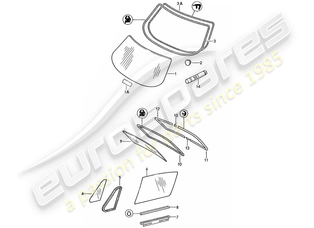 porsche 1987 (959) vetri della finestra diagramma delle parti