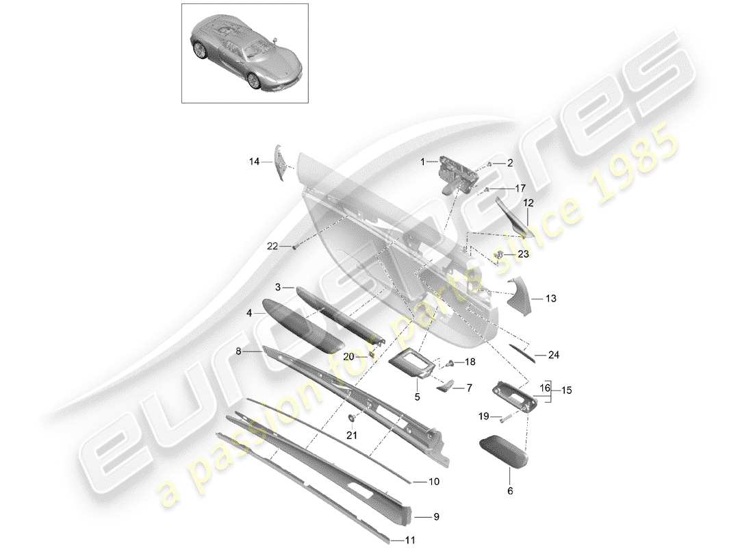 porsche 918 spyder (2015) schema delle parti del pannello della porta