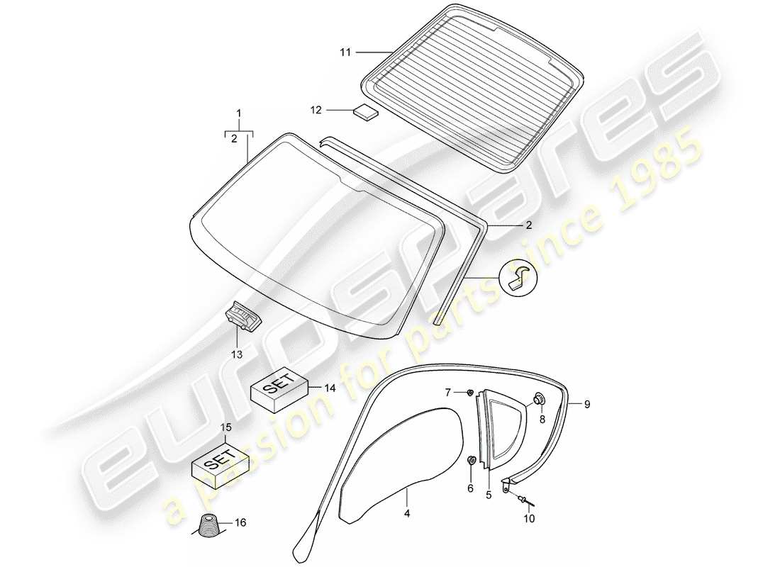 porsche 2006 (987 cayman) vetri della finestra diagramma delle parti