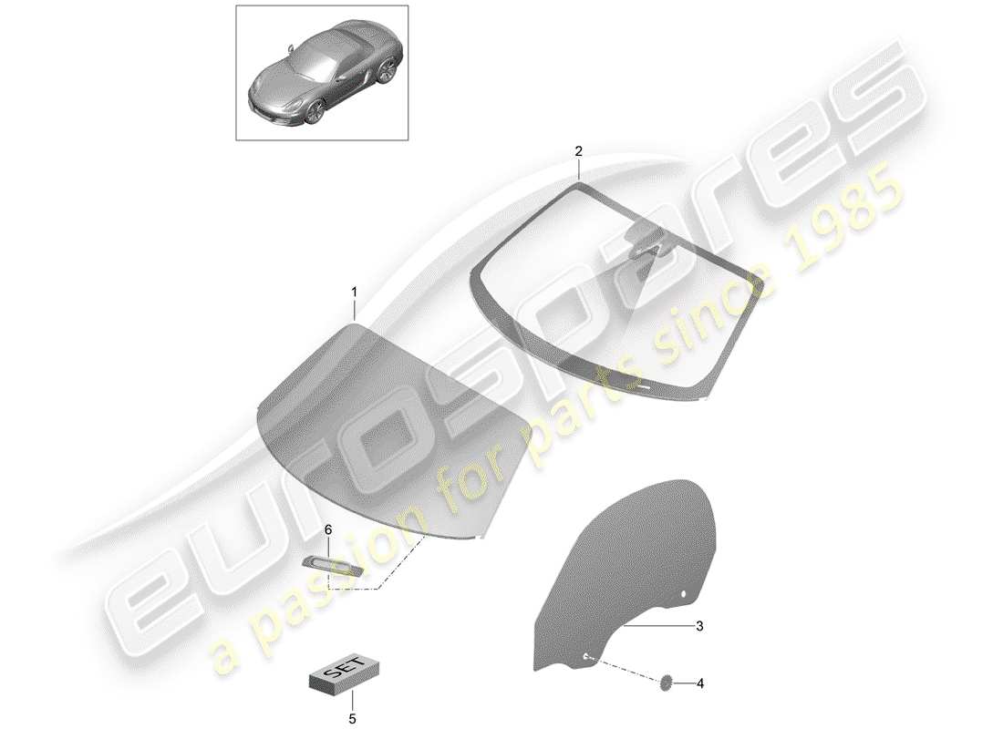 porsche 2014 (981 boxster) vetri della finestra diagramma delle parti