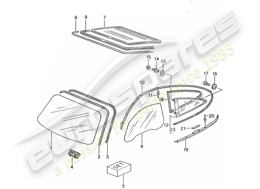 porsche 2000 (996) vetro parabrezza - vetro lunotto posteriore - lunotto laterale schema delle parti