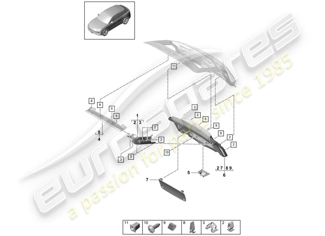 porsche 2020 (cayenne e3 9ya/9yb) pannello di rivestimento per portellone diagramma delle parti
