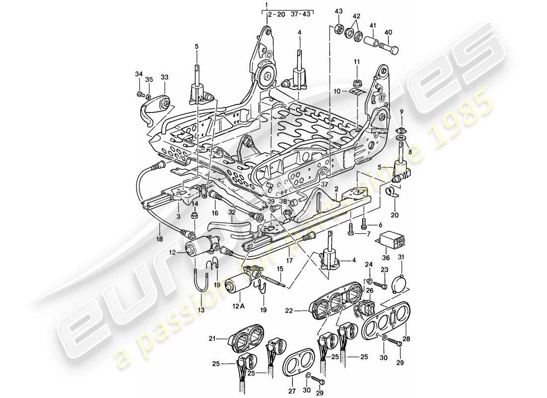 porsche 1986 (928) sedile sportivo - regolabile elettricamente - telaio sedile - parti singole - d - mj 1985>> schema delle parti
