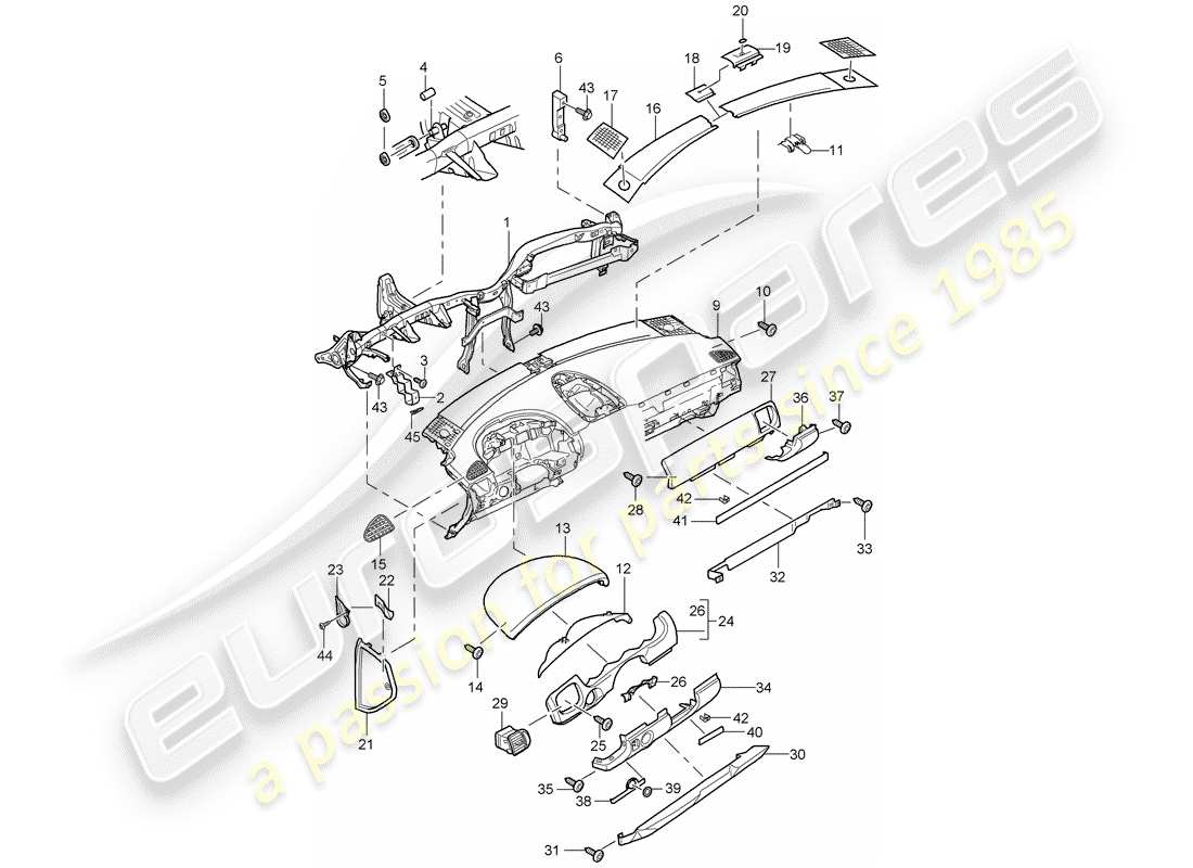 porsche 2006 (cayenne e1 9pa) rivestimento del pannello del cruscotto diagramma delle parti