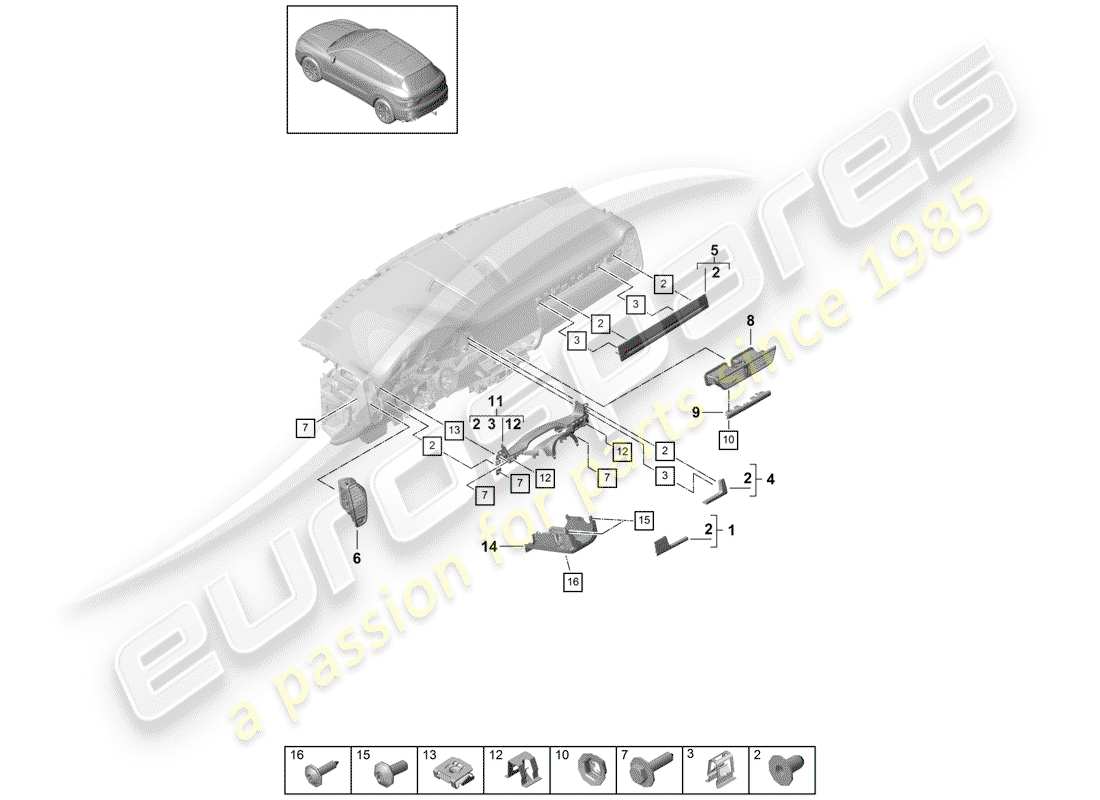 porsche 2020 (cayenne e3 9ya/9yb) rivestimento del pannello del cruscotto diagramma delle parti