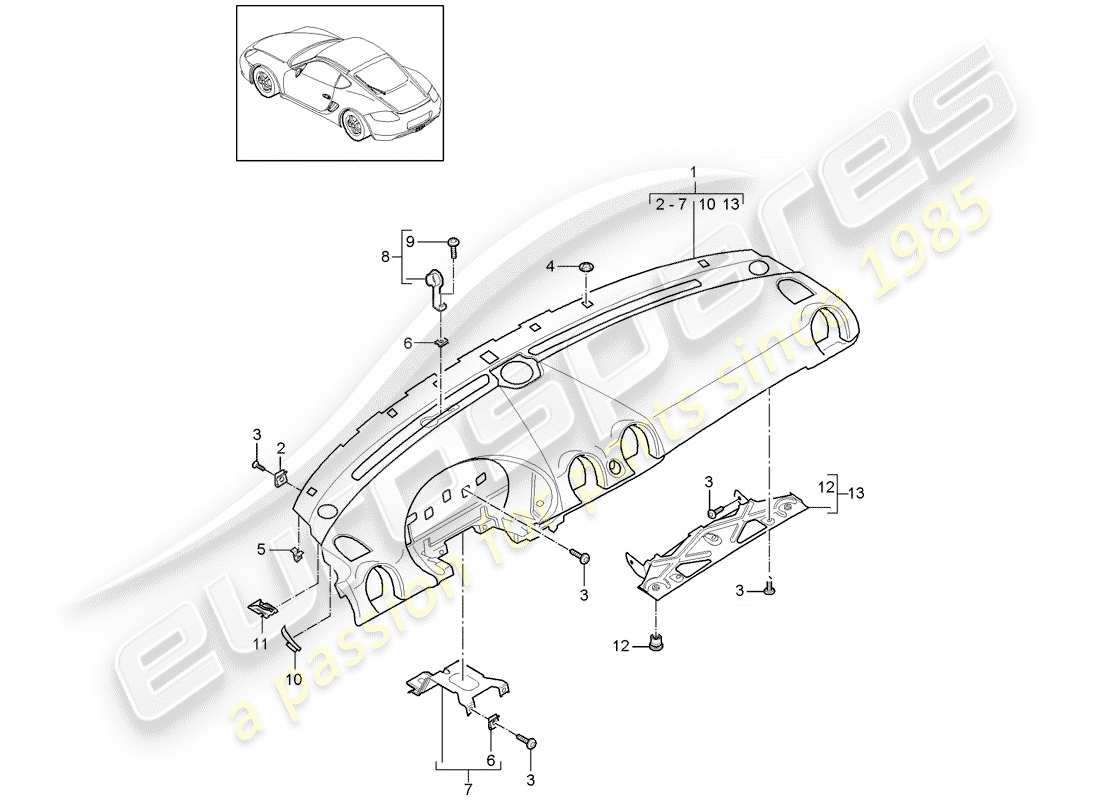 porsche 2007 (987 cayman) rivestimento del pannello cruscotto diagramma delle parti