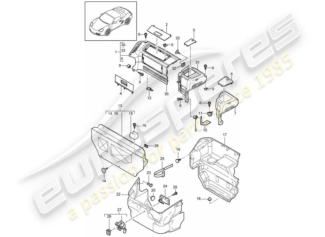 porsche 2010 (987 boxster) compartimento bagagli diagramma delle parti