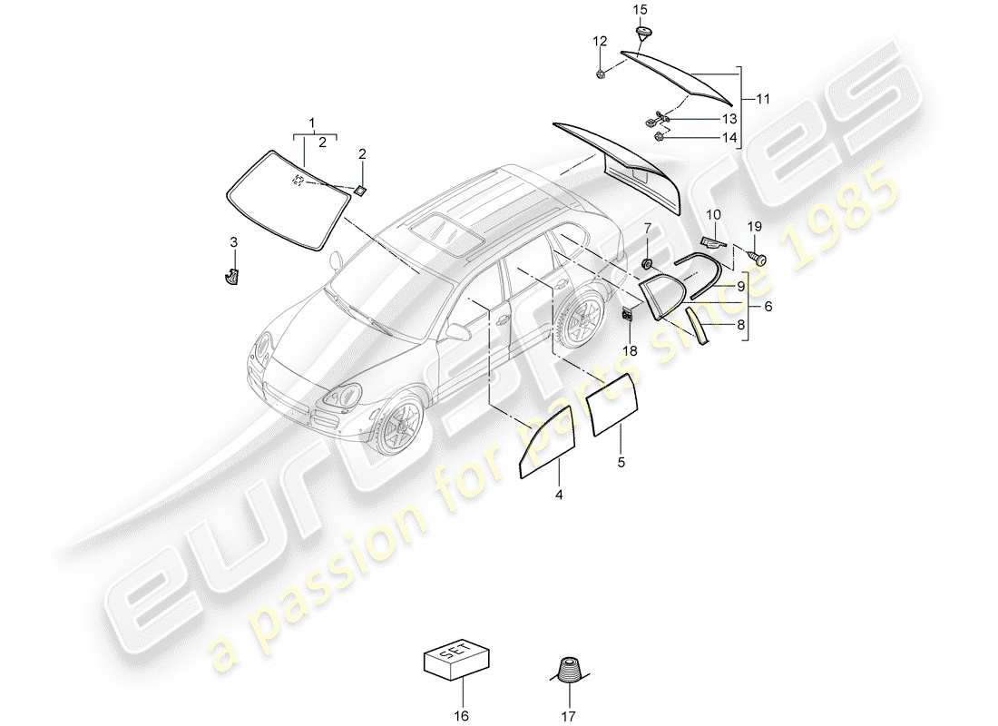 porsche 2008 (cayenne e1 9pa) vetri della finestra schema delle parti