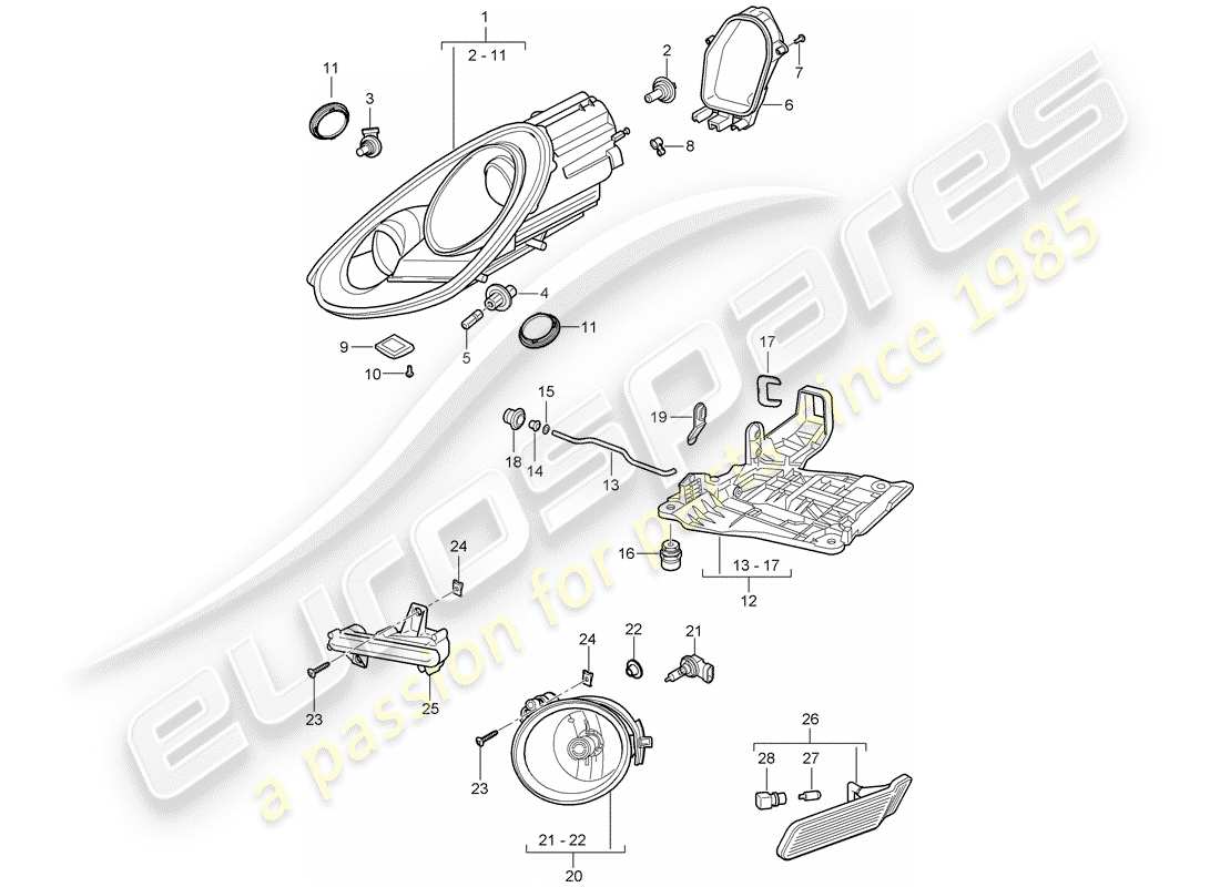 porsche 2011 (987 cayman) diagramma delle parti del faro