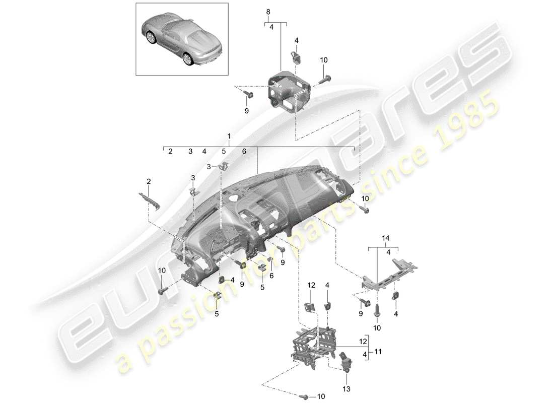 porsche 2016 (981 boxster spyder) rivestimento del pannello del cruscotto diagramma delle parti