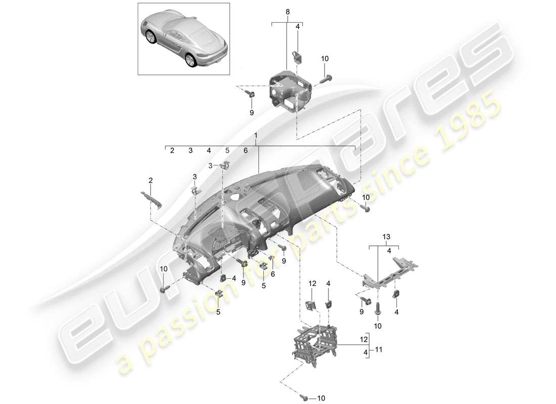 porsche 2019 (718 cayman) rivestimento del pannello del cruscotto diagramma delle parti
