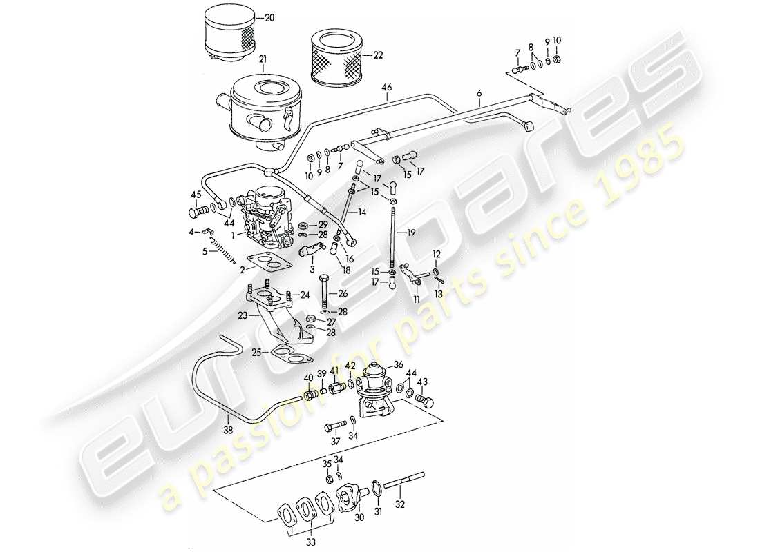 porsche 1954 (356/356a) carburatore - pallas-zenit 32ndix - e - linea di alimentazione carburante - m 67 001 >> - m 81 201 >> schema delle parti