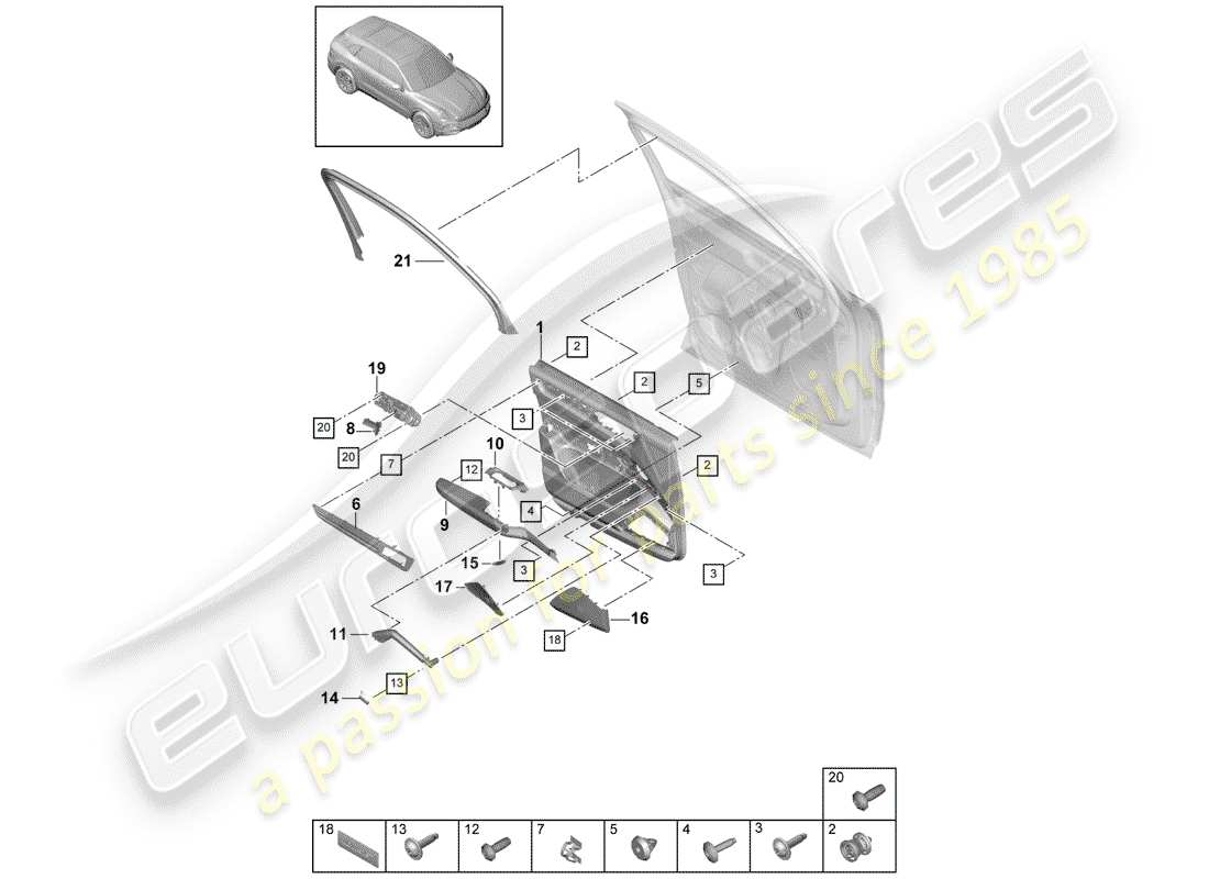 porsche 2020 (cayenne e3 9ya/9yb) schema delle parti del pannello della porta