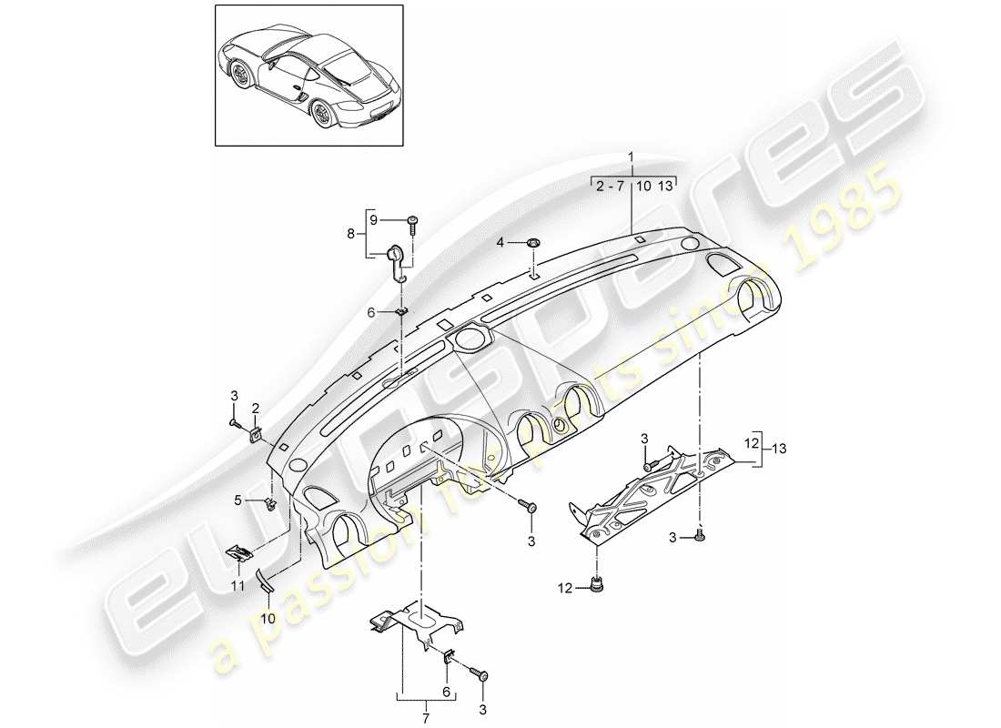 porsche 2009 (987 cayman) rivestimento del pannello cruscotto diagramma delle parti