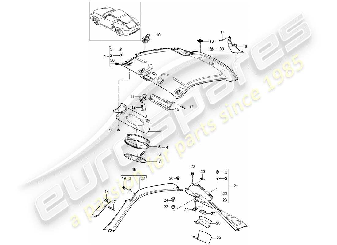 porsche 2011 (987 cayman) pannello di rivestimento del tetto schema delle parti