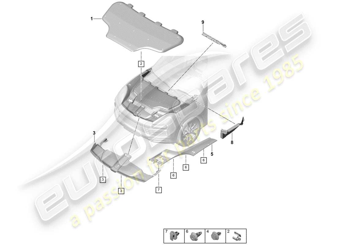 porsche 2019 (cayenne e3 9ya/9yb) assorbitore acustico diagramma delle parti