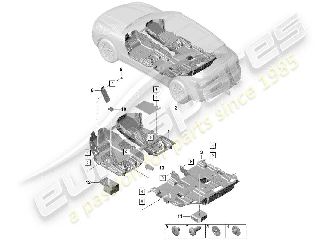 porsche 2019 (cayenne e3 9ya/9yb) schema delle parti della copertura del pavimento