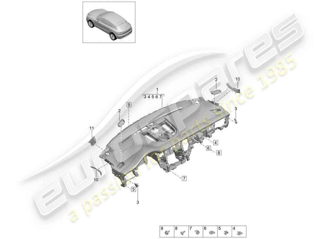porsche 2019 (macan) rivestimento del pannello del cruscotto diagramma delle parti