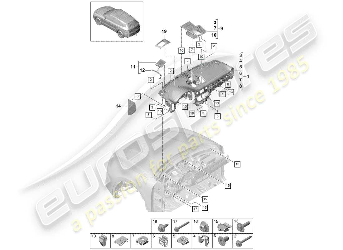porsche 2019 (cayenne e3 9ya/9yb) rivestimento del pannello cruscotto diagramma delle parti