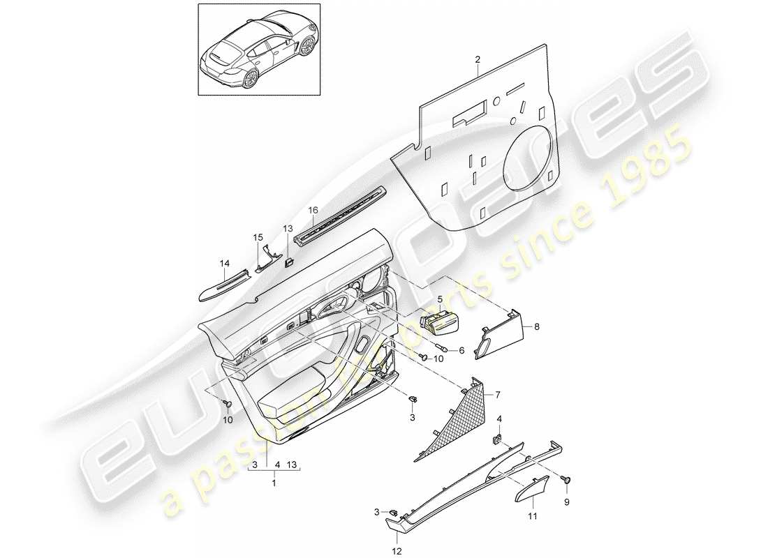 porsche 2011 (panamera 970) schema delle parti del pannello della porta