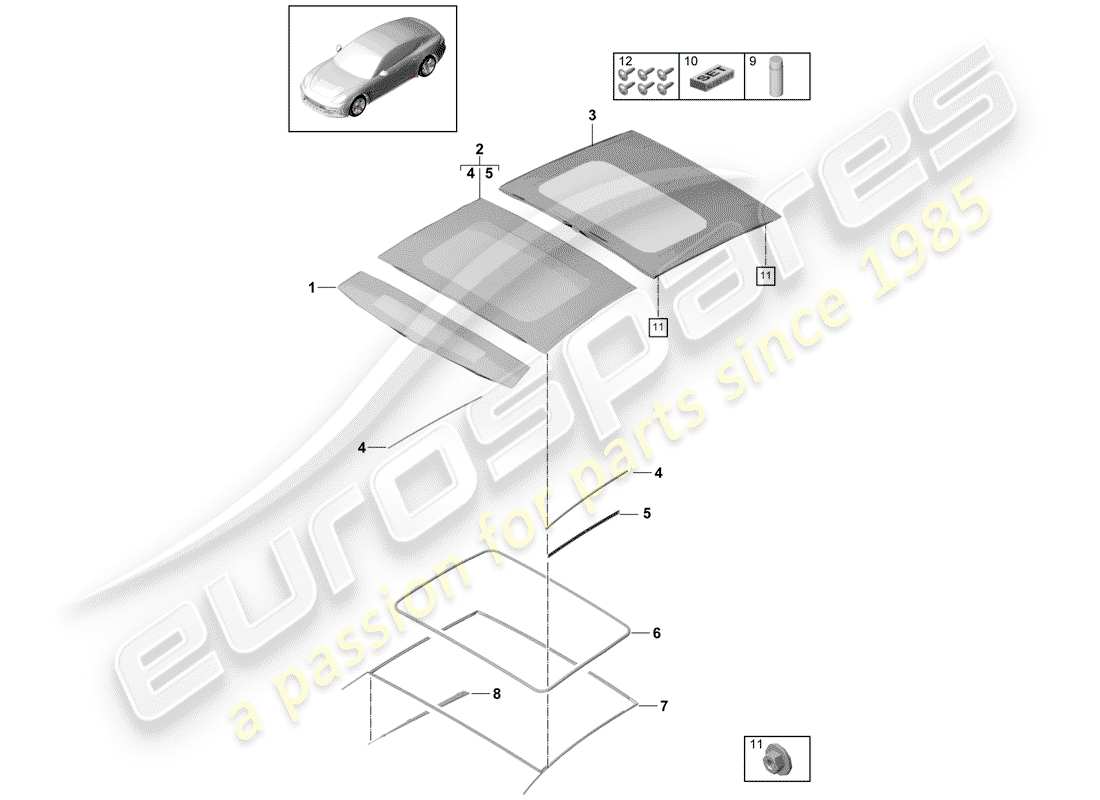 porsche 2020 (panamera 971-1) tetto scorrevole in vetro diagramma delle parti