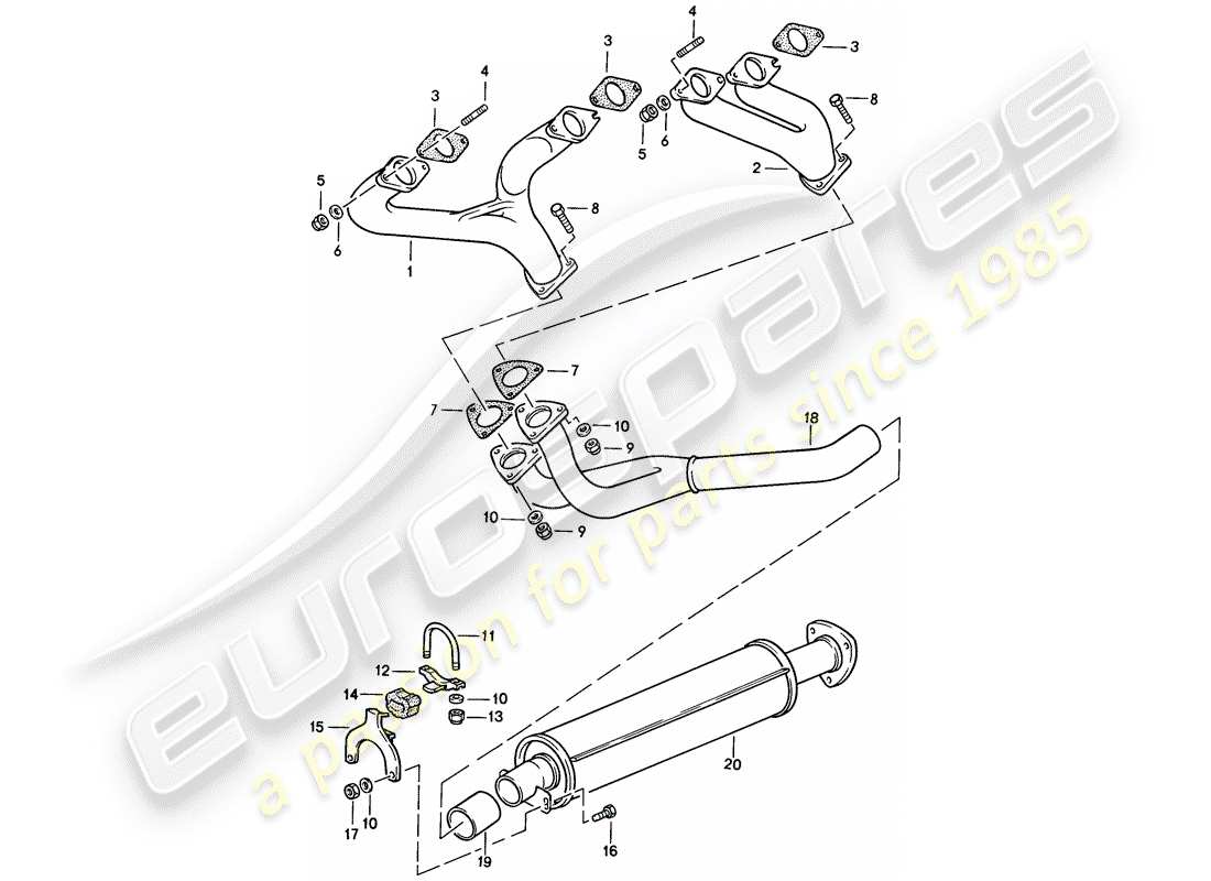 porsche 1988 (924s) sistema di scarico - silenziatore di scarico, anteriore diagramma delle parti
