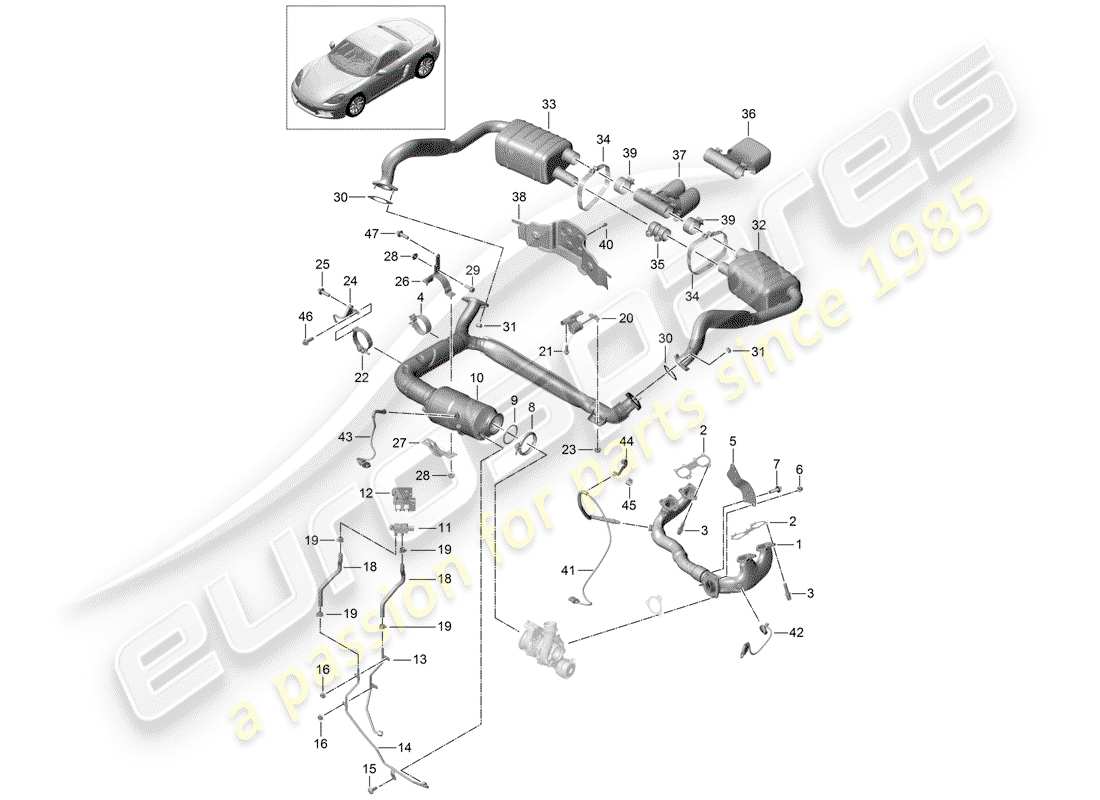 porsche 2018 (718 boxster) impianto di scarico diagramma delle parti
