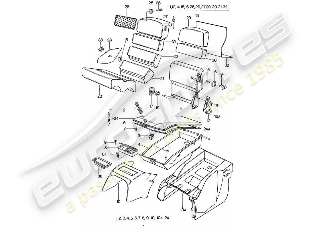 porsche 1982 (928) sedile di emergenza - con: - cassetto portaoggetti schema delle parti