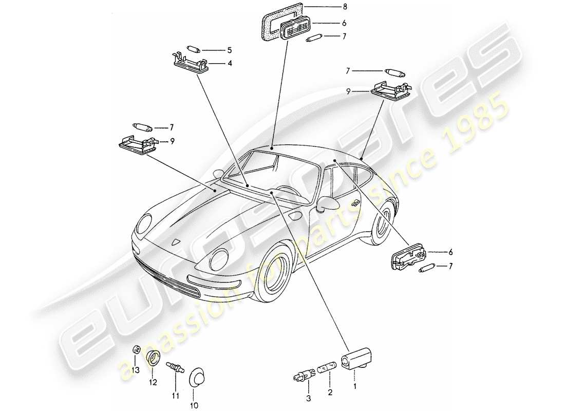 porsche 1994 (993) luci interne - lampada vano bagagli - luce vano motore schema delle parti