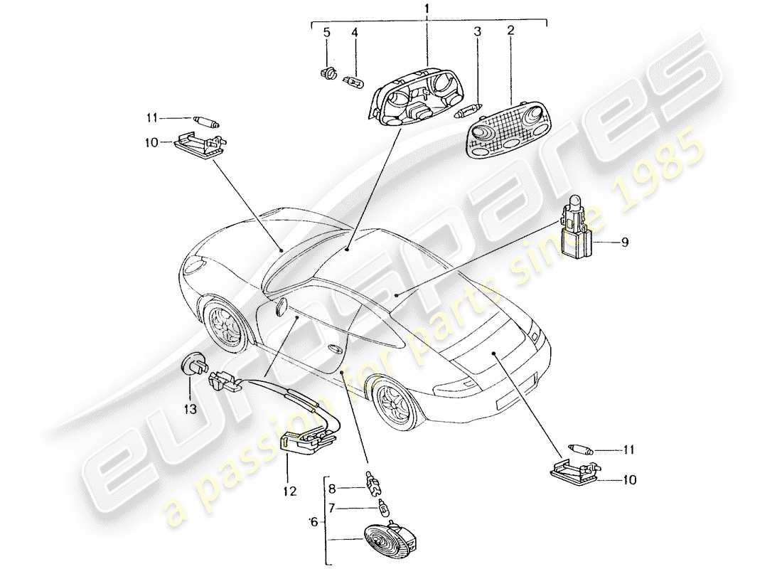 porsche 2003 (996) illuminazione interna - lampada bagagliaio - luce vano motore - luce vano portaoggetti - luce vano piedi - sblocco interno schema delle parti